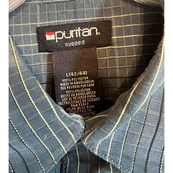 vtg Puritan Mens L Blue Striped Button-Up Shirt 100% Polyester Short Sleeve USA - Picture 3 of 5